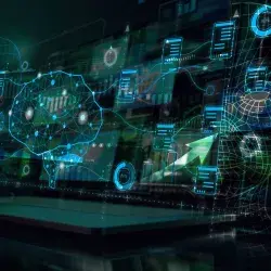 Digital illustration of artificial intelligence, cloud computing, and data, featuring a virtual brain and technological elements, representing free Oracle University courses for the Tec de Monterrey community.