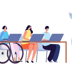 Ilustración de una maestra y tres jóvenes en clase, uno de ellos en silla de ruedas