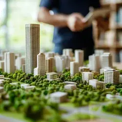 Maqueta de un desarrollo urbano en un entorno arbolado y biodiverso