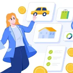 ilustracion de mujer evaluando gastos de casa, carro, etc