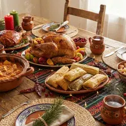 Mesa navideña mexicana con pavo horneado, pierna de cerdo, tamales, ensalada de manzana y guiso estilo bacalao para la cena de Navidad.