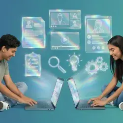 Jóvenes universitarios usando laptops con iconos de CV, entrevistas y habilidades laborales, ilustrando la preparación y búsqueda de su primer empleo