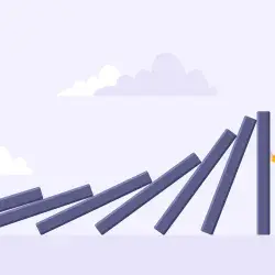 Una persona empujando una ficha de dominó vertical para evitar que una fila de fichas inclinadas caiga.