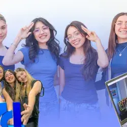 Montaje de fotos, en el fondo cuatro chicas sostienen sus manos con dos dedos extendidos en su frente; a la izquierda, una foto de las mismas cuatro chicas sosteniendo un trofeo en forma de la letra H; y a la derecha, una laptop que muestra una persona haciendo una seña con su mano en la pantalla.