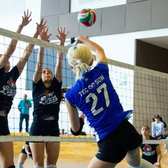 Una jugadora de voleibol rematando el balón mientras que dos contrincantes saltan con los brazos extendidos para bloquearlo.